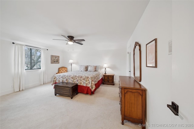 bedroom with light carpet, ceiling fan, and baseboards