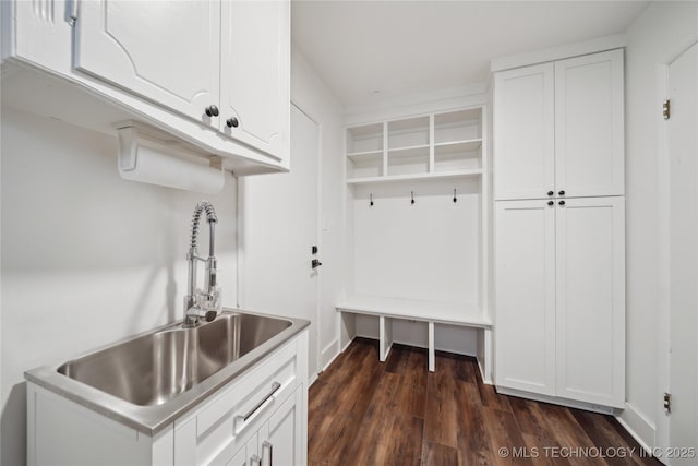 mudroom with dark wood-style flooring and a sink