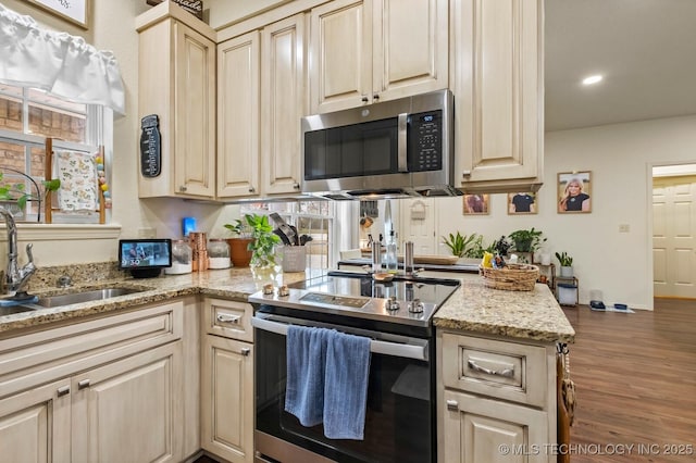 kitchen with recessed lighting, stainless steel appliances, wood finished floors, a sink, and light stone countertops