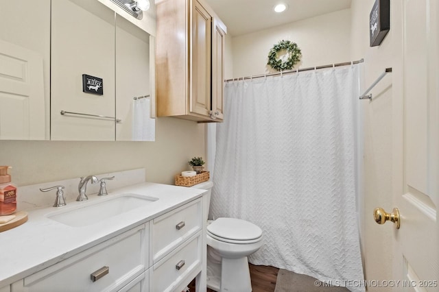 bathroom featuring toilet, wood finished floors, and vanity