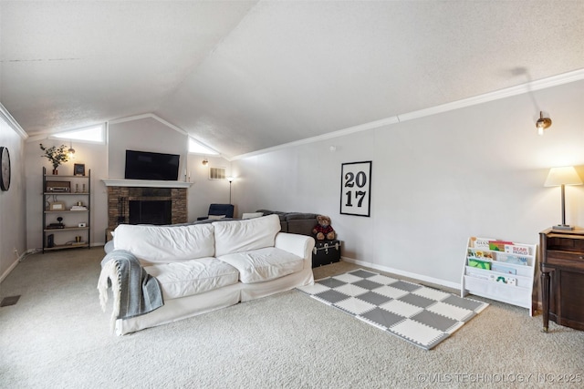 carpeted living area featuring a fireplace, vaulted ceiling, visible vents, and baseboards