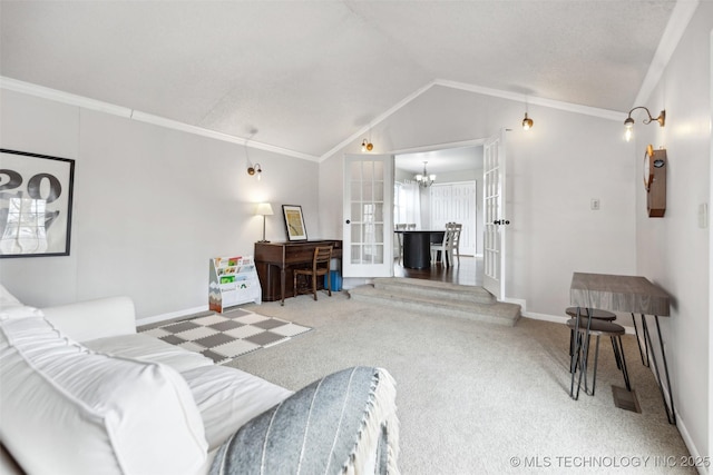 living area featuring ornamental molding, carpet, and vaulted ceiling