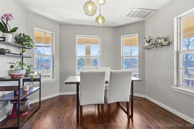 dining room with dark wood-style floors, visible vents, a healthy amount of sunlight, and baseboards