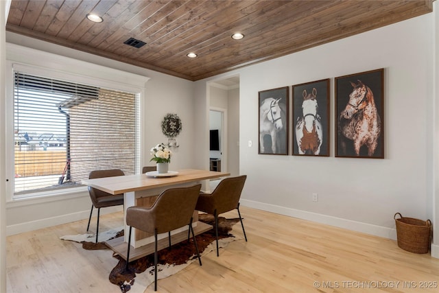 dining room featuring wooden ceiling, baseboards, visible vents, and crown molding