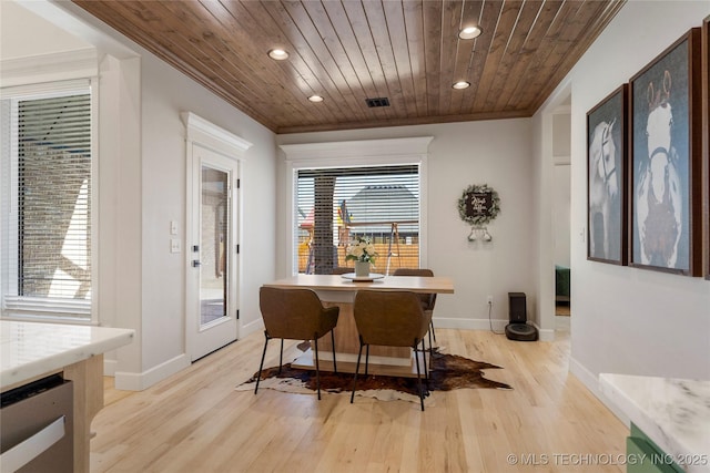 dining room with recessed lighting, visible vents, light wood-style flooring, ornamental molding, and wooden ceiling