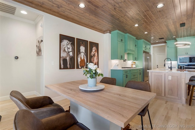 dining space featuring wooden ceiling, recessed lighting, visible vents, baseboards, and light wood-type flooring