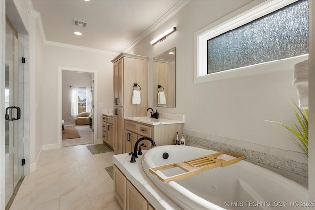 bathroom featuring vanity, visible vents, a jetted tub, ensuite bath, and crown molding