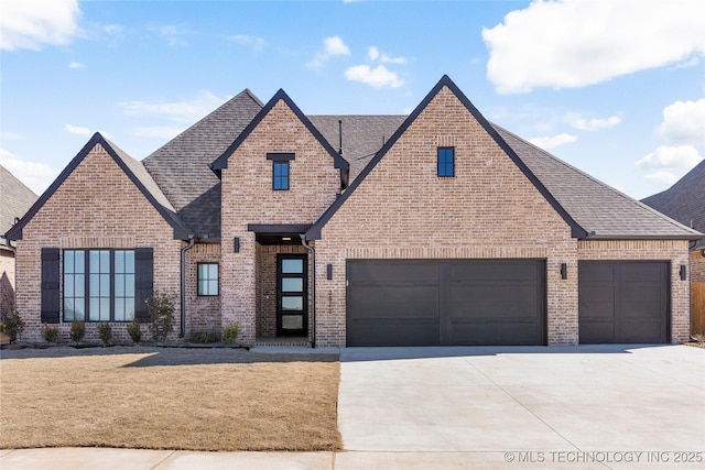 view of front of house featuring a shingled roof, concrete driveway, brick siding, and a front lawn