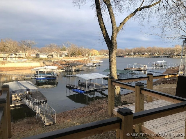 dock area with a water view