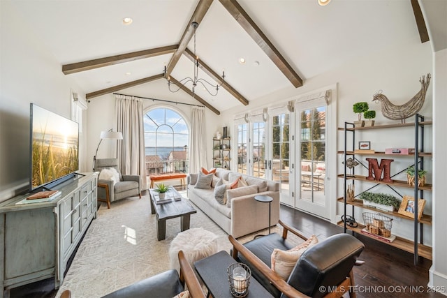 sunroom with lofted ceiling with beams