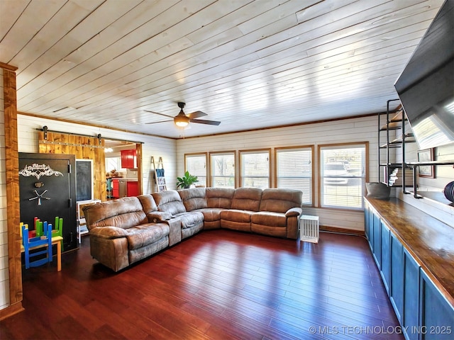 living area featuring ceiling fan, a barn door, and wood finished floors