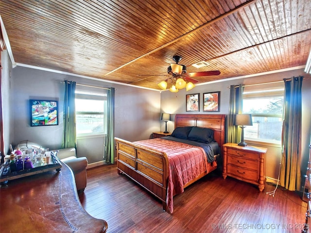 bedroom featuring wood ceiling, multiple windows, ornamental molding, and wood finished floors