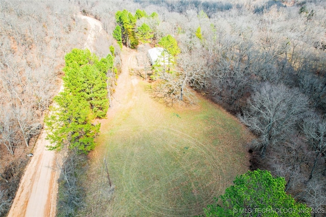 birds eye view of property featuring a wooded view