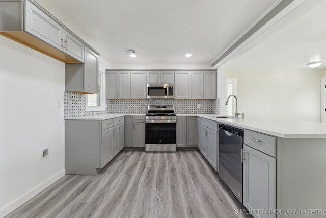 kitchen featuring appliances with stainless steel finishes, a peninsula, a sink, gray cabinets, and backsplash