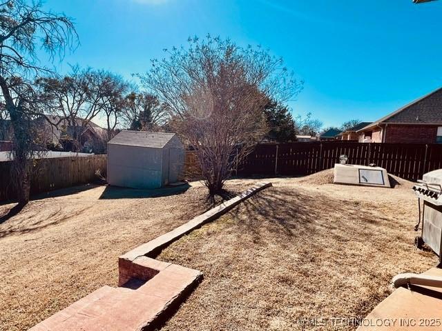 view of yard featuring a fenced backyard, an outdoor structure, and a shed