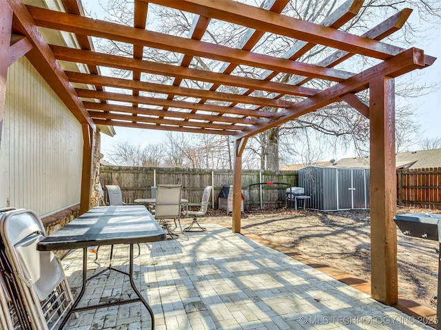 wooden deck with outdoor dining space, a fenced backyard, a patio, and a pergola