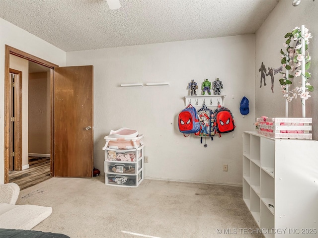 misc room featuring carpet floors and a textured ceiling