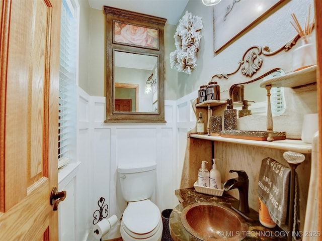 bathroom featuring toilet, a wainscoted wall, a decorative wall, and a sink