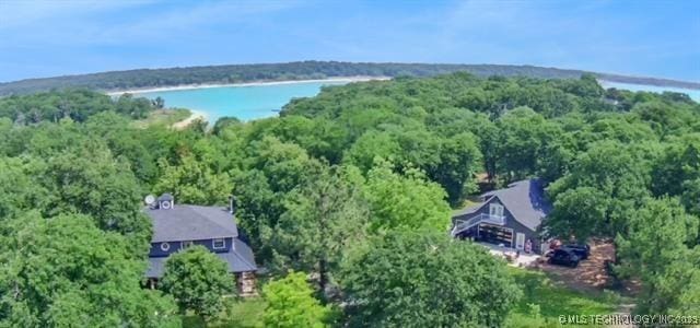 birds eye view of property with a water view and a view of trees