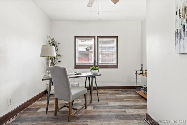 office with ornamental molding, ceiling fan, baseboards, and wood finished floors
