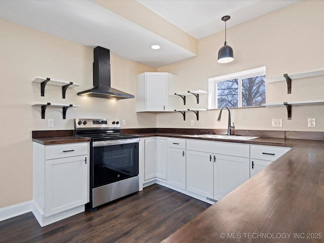 kitchen featuring open shelves, wall chimney exhaust hood, a sink, and stainless steel electric stove