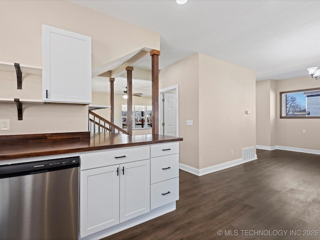 kitchen with white cabinetry, visible vents, wooden counters, and stainless steel dishwasher