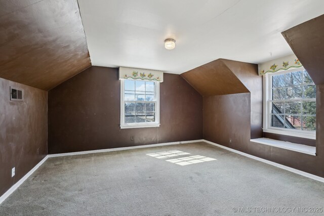 additional living space with carpet, visible vents, lofted ceiling, and baseboards