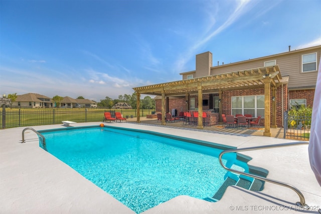 view of pool with a fenced in pool, fence, a pergola, and a patio