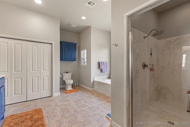 bathroom with toilet, a garden tub, a marble finish shower, and visible vents