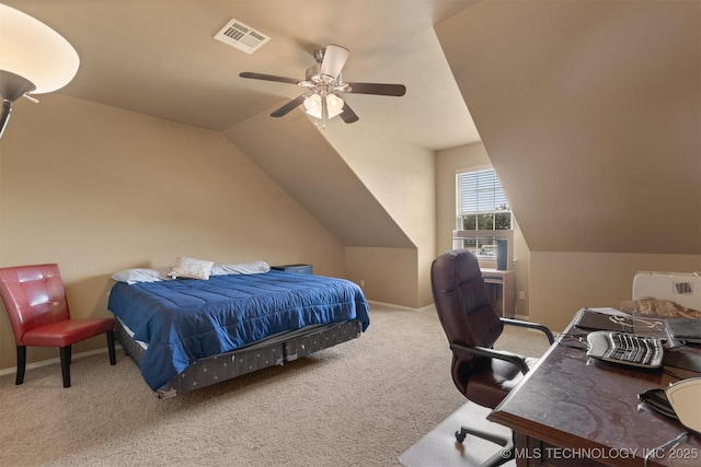 bedroom with baseboards, visible vents, vaulted ceiling, and carpet flooring