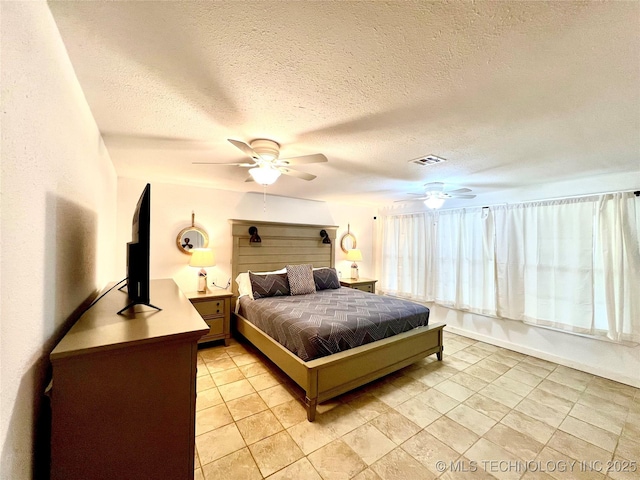 bedroom featuring ceiling fan, visible vents, and a textured ceiling