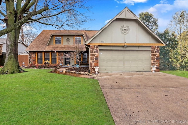 view of front of home with roof with shingles, concrete driveway, a garage, stone siding, and a front lawn