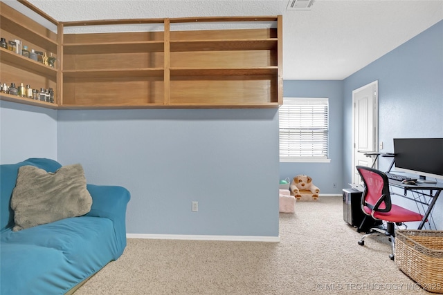 office featuring carpet floors, visible vents, and baseboards