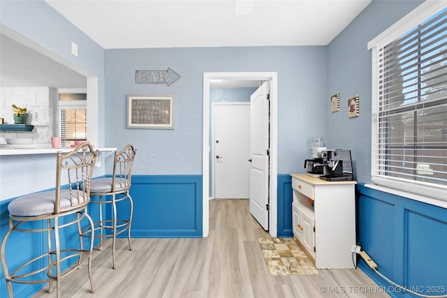 interior space featuring light wood-style floors, a wealth of natural light, a wainscoted wall, and a decorative wall