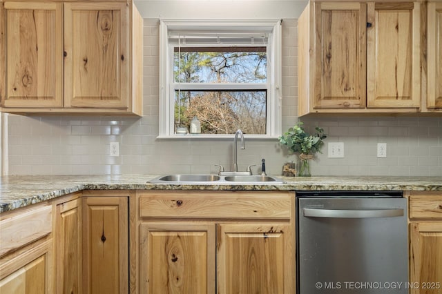 kitchen featuring light brown cabinetry, stainless steel dishwasher, a sink, and tasteful backsplash