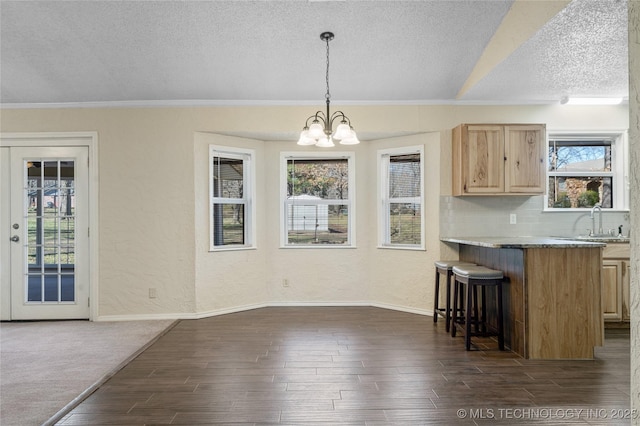 unfurnished dining area with dark wood-type flooring, a textured wall, a textured ceiling, and a sink