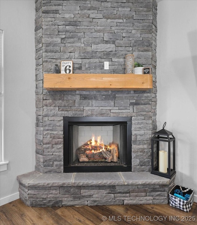 details featuring a stone fireplace, wood finished floors, and baseboards