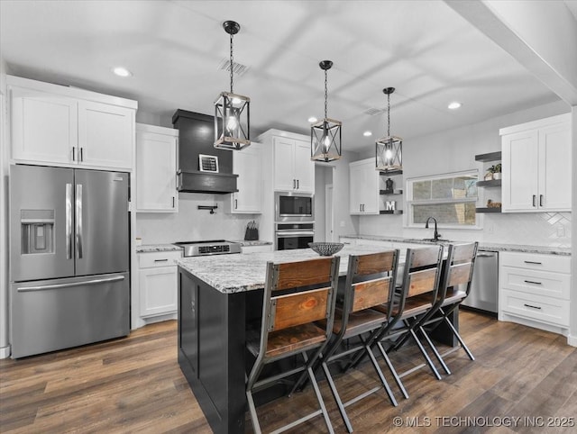 kitchen featuring dark wood-style floors, stainless steel appliances, open shelves, and white cabinets