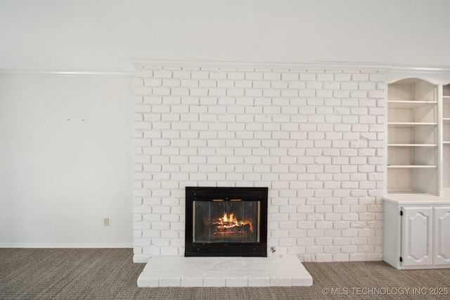 details featuring built in features, a fireplace, baseboards, and carpet floors