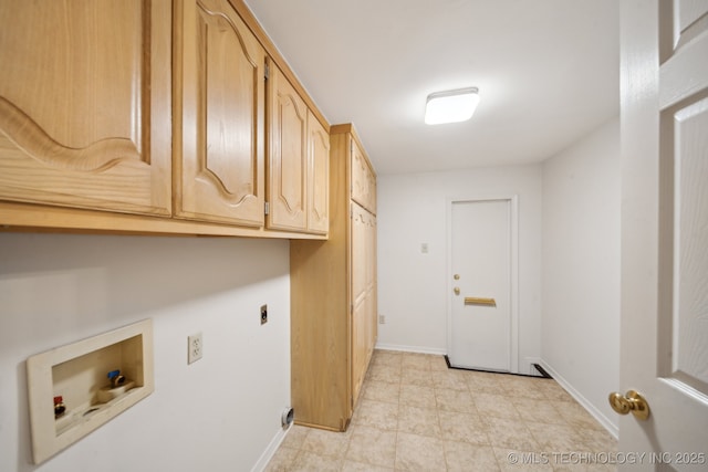 laundry room featuring cabinet space, electric dryer hookup, baseboards, and washer hookup