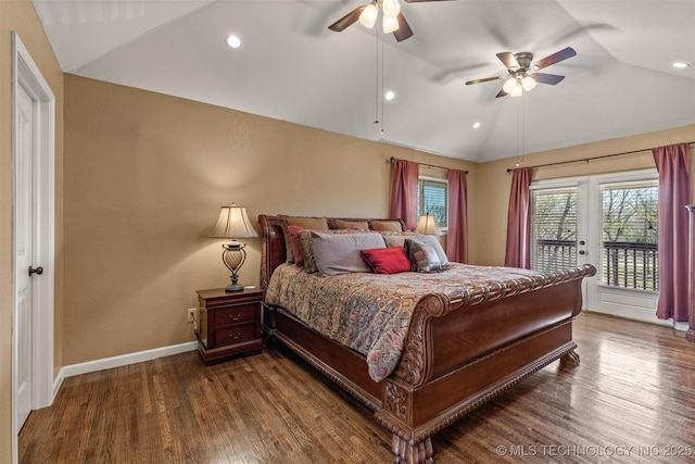 bedroom featuring dark wood-style floors, access to outside, vaulted ceiling, and baseboards