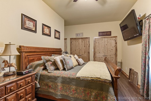 bedroom featuring ceiling fan and wood finished floors