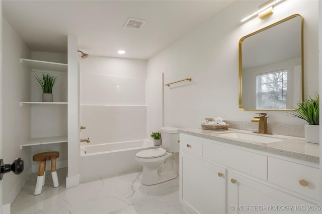 full bath featuring marble finish floor, shower / bath combination, visible vents, toilet, and vanity