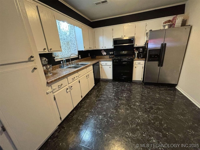 kitchen with a sink, visible vents, white cabinets, ornamental molding, and black appliances