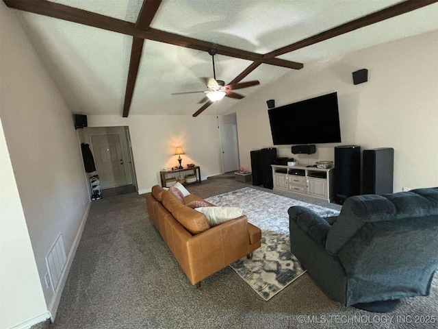 carpeted living room with vaulted ceiling with beams, visible vents, a ceiling fan, a textured ceiling, and baseboards