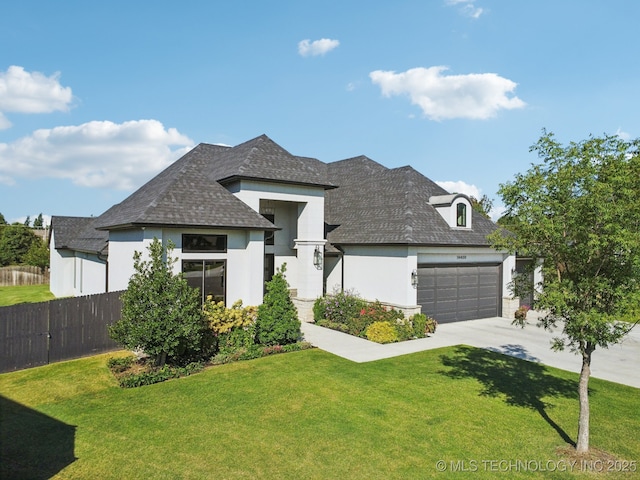 view of front of house featuring a garage, concrete driveway, fence, a front yard, and stucco siding