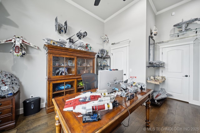 office area with ceiling fan, ornamental molding, and wood finished floors