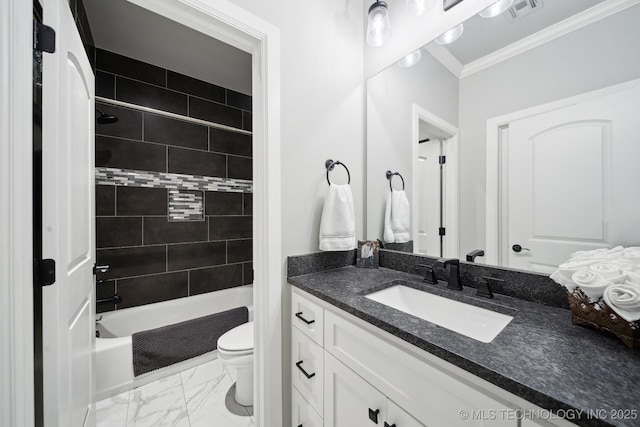 full bath featuring visible vents, toilet, ornamental molding, marble finish floor, and vanity