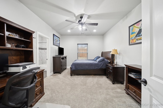 bedroom featuring recessed lighting, light colored carpet, ceiling fan, and baseboards