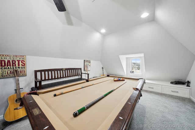 bedroom featuring carpet, vaulted ceiling, billiards, and recessed lighting